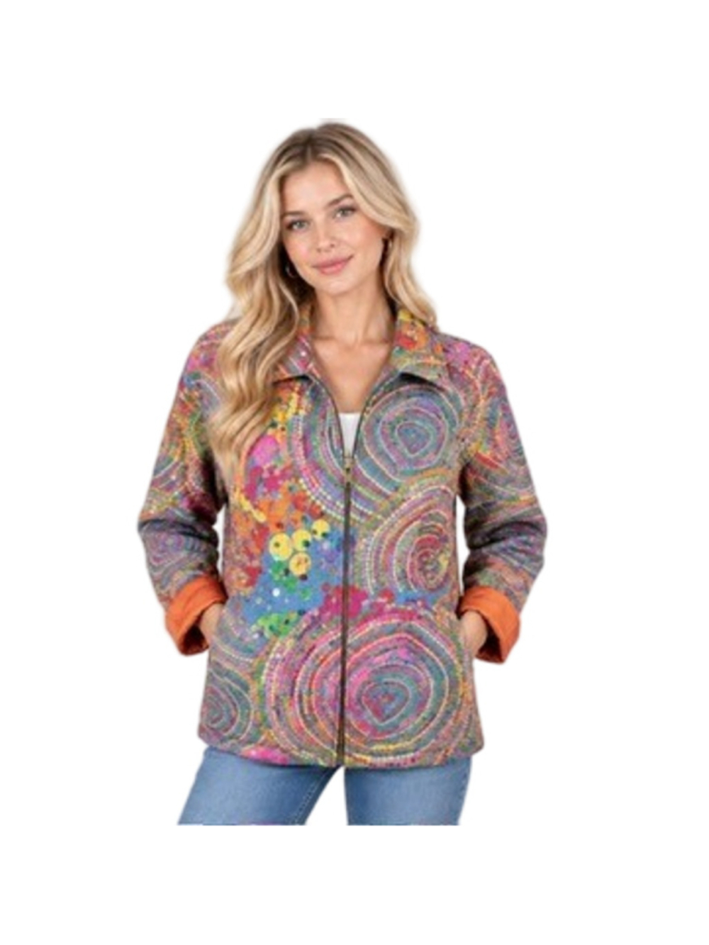Chicos Multicolor Quilted Sequin Jacket Bright Psychedelic Boho Festive Size XL